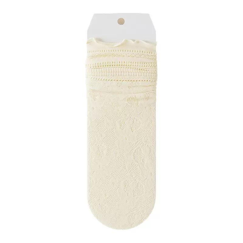 White Socks for Women, Black Ear-trimmed Pile Socks, Thin Lace Lace Mid-calf Socks, Versatile for Spring and Summer, Mesh Breathable Women's Socks