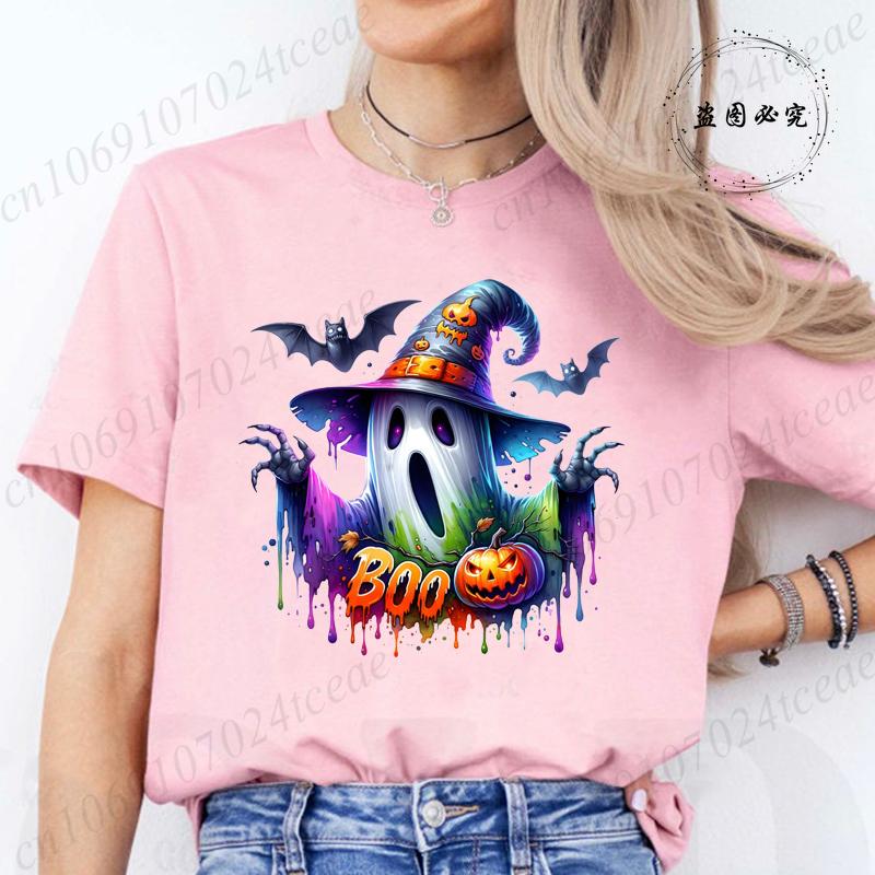 Women Cute Spooky Witch Print T Shirt Graphic Harajuku Streewear Halloween Horror Graphic Tee Clothes Causal Female Y2K Tops Tee