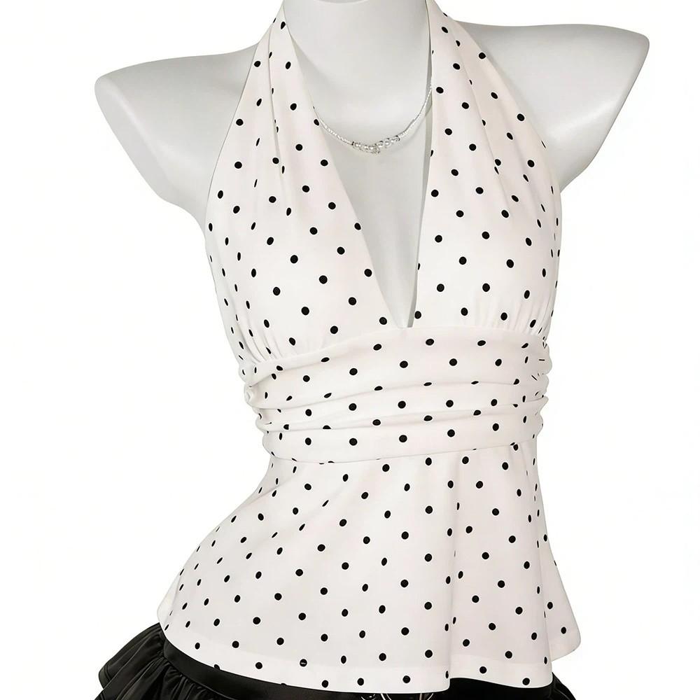 Deep V Neck Lace-up Dots Camisole Pleated Halter Ruffle Vest Ins Style Women Crop Top Girl