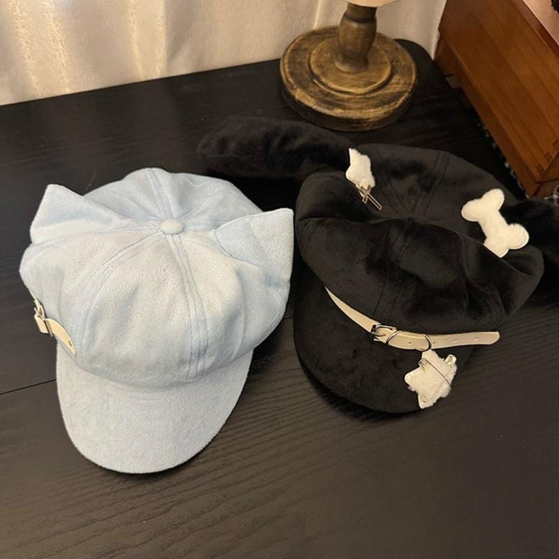 Handmade Berets Lovely Rabbit Painter Hat for Girls Furry Ear Cabbie Hat for Outdoor Leisure Casual Wear