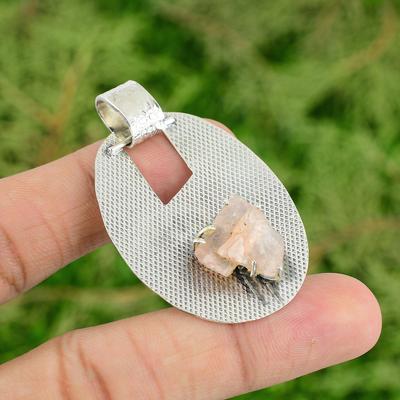 925 Sterling Silver Octagon Rose Quartz Rough Gemstone Anniversary Wife Pendant