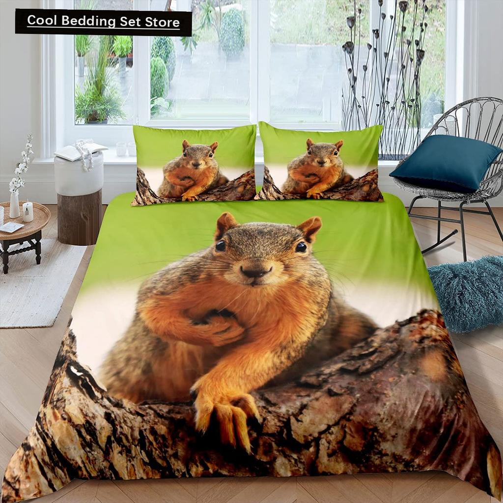 3D Squirrel King Queen Duvet Cover Soft Wildlife Green Leaves Bedding Set for Kids Teens Adults 2 3pcs