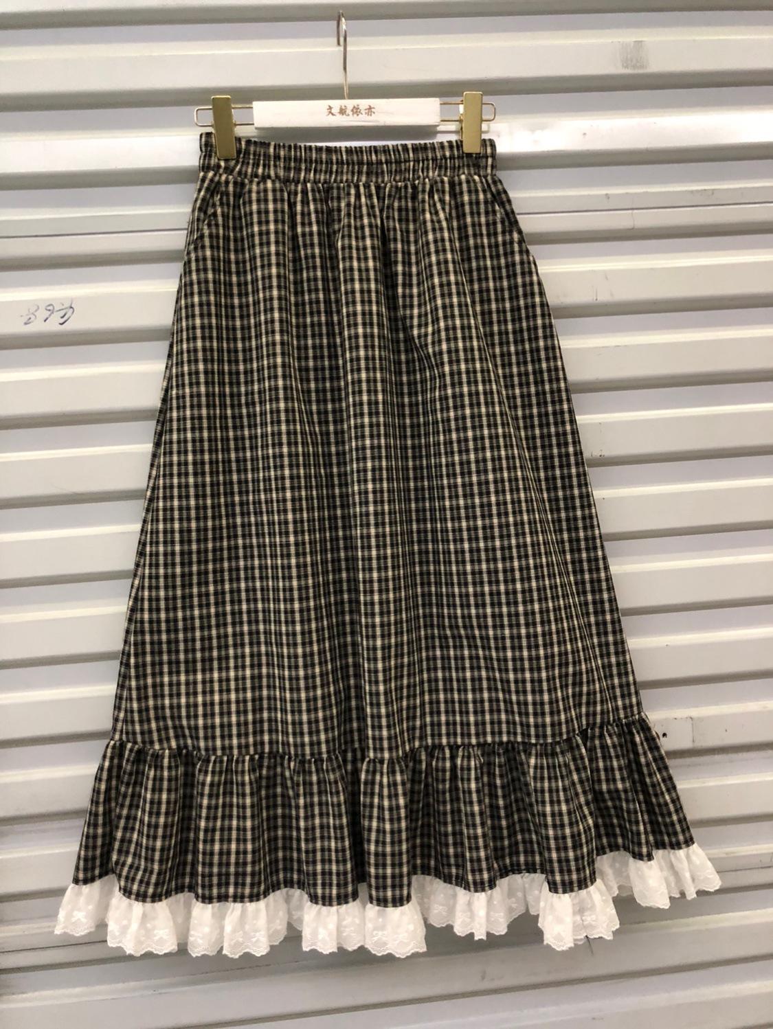 

Юбка в клетку Mori sweet кружевная сращивающаяся женская 2025 ранняя весна карманная уменьшающая возраст и тонкая длинная юбка a-word One Size чёрный