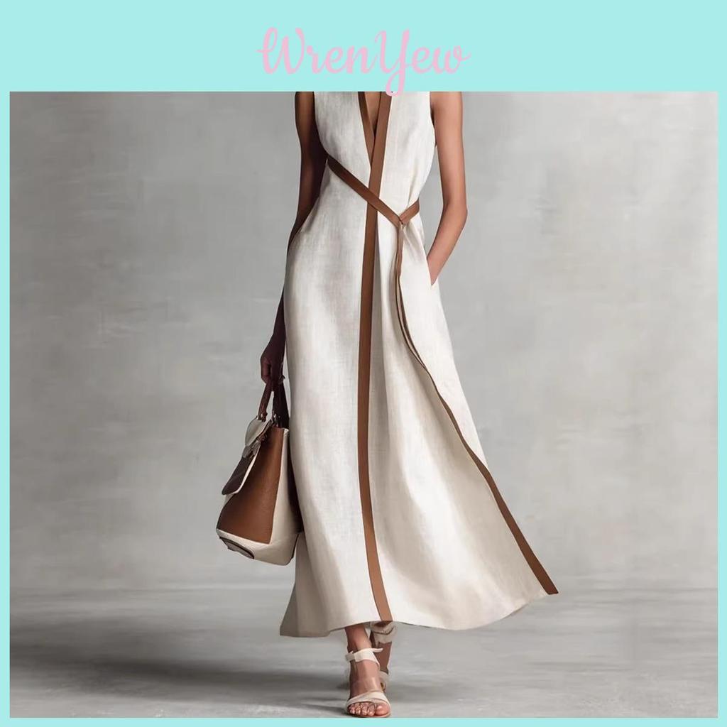 Spring 2026 Polyester Spliced Sleeveless Dress With Deep V Neck For Casual Wear