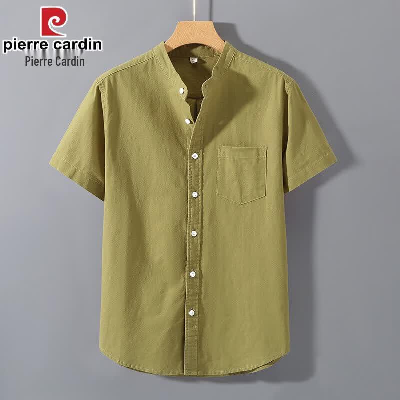 Pierre Cardin Men s Cotton Linen Short Sleeve Shirt with Stand Collar 2XL