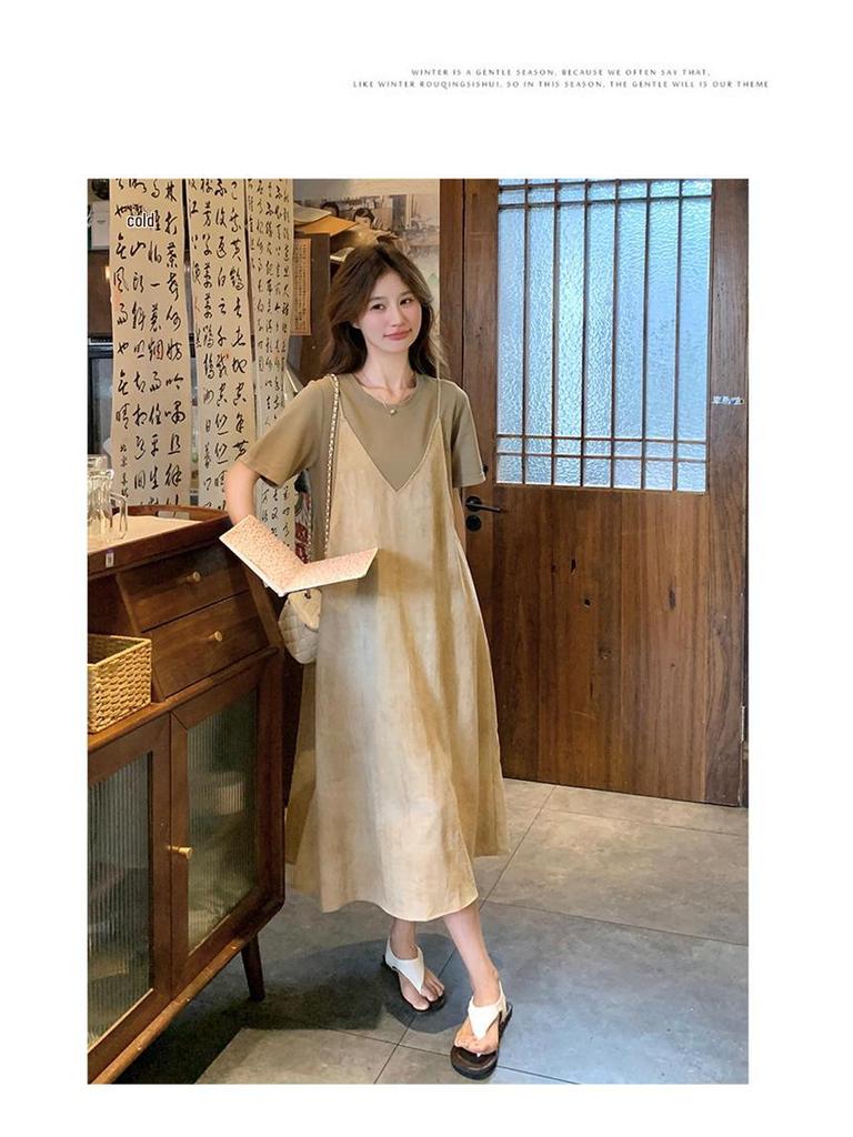 Summer 2025 Women's Gradient Suspender T-Shirt Dress - Age-Reducing, Fake Two-Piece, Medium-Length