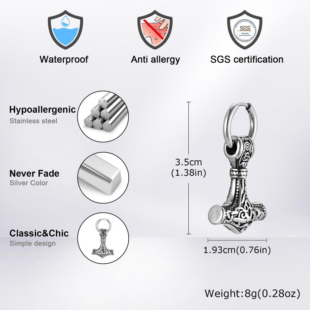 Vnox Heavy Viking Thor's Hammer Earrings for Men, Chunky Stainless Steel Punk Rock Earrings Jewelry Gift