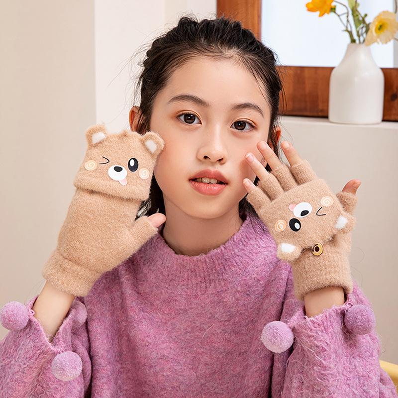 Mănuși de iarnă cu clape groase pentru copii - Lână drăguță cu jumătate de deget pentru băieți și fete