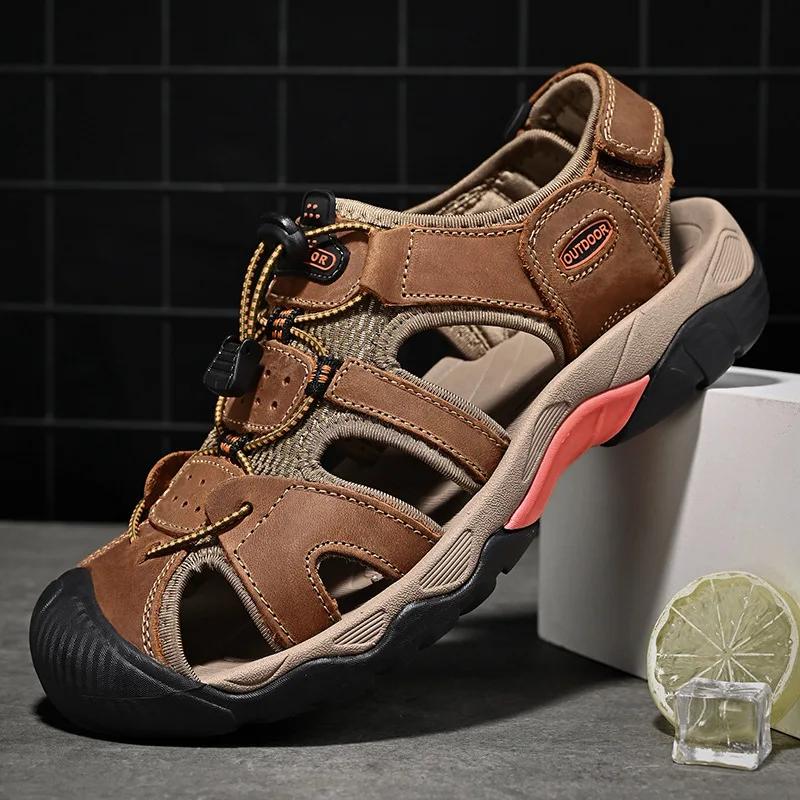 Men's Sandals Classic Genuine Leather Sandals Fashion Outdoor Hiking Shoes Light Breathable Non-slip Sneakers 38-48