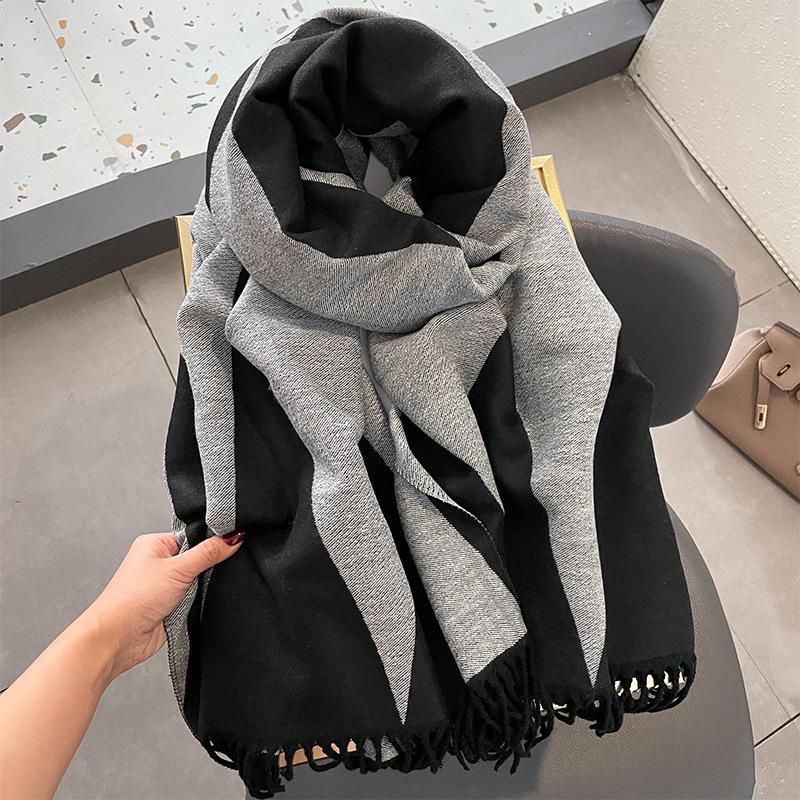 Autumn and Winter New Korean Style Versatile Geometric Rhombus Imitation Cashmere Jacquard Scarf for Women Thickened Tassel Shawl Scarf