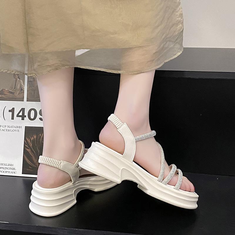 Leisure Sandals Women Square High Heels Shoes for Women Solid Bling Shine Elastic Band Summer Sandals Plus Size Zapatos De Mujer