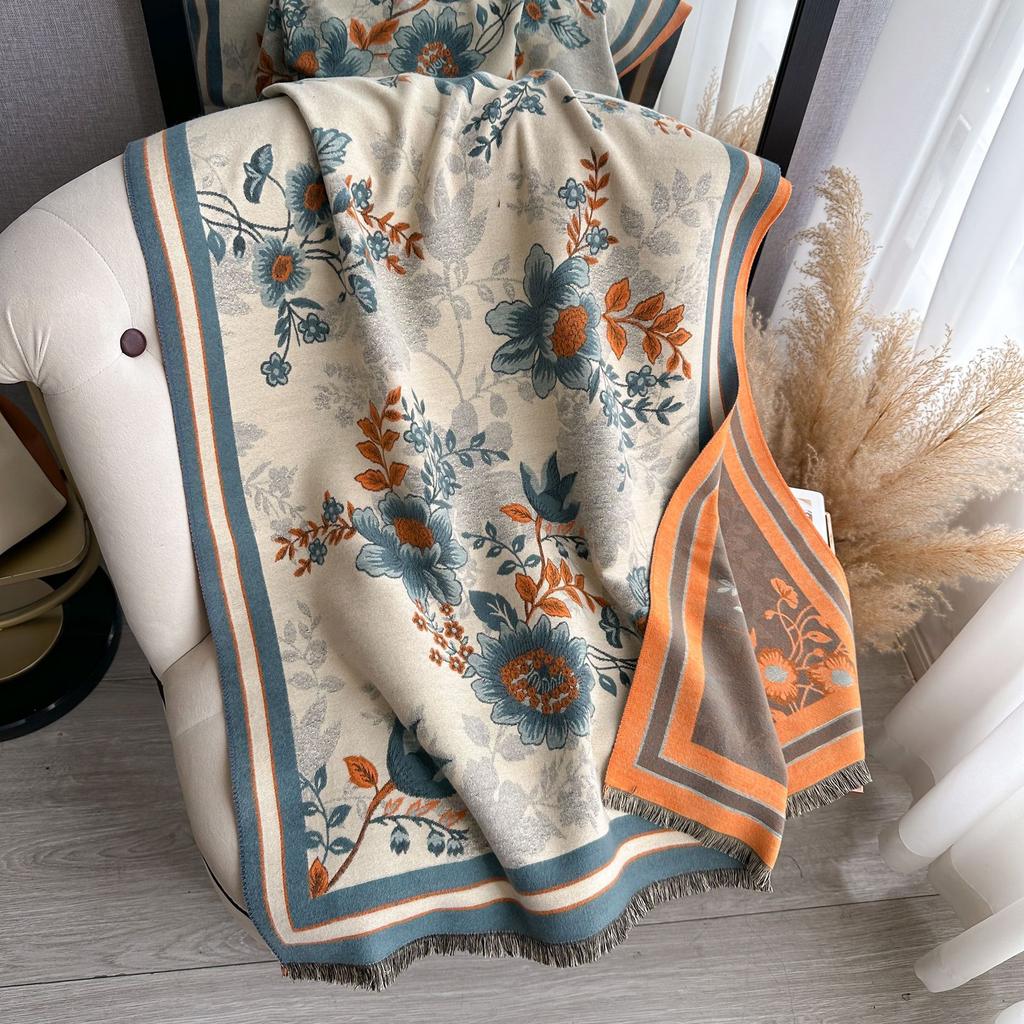 Autumn And Winter Color Matching Magnolia Flower Imitation Cashmere Scarf Women'S Winter Versatile Temperament Scarf To Keep Out The Cold Shawl
