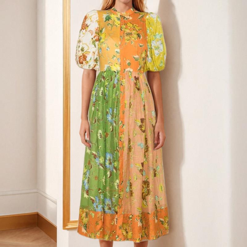 Ladies Summer Fashion Elegant Short Sleeve Floral Printed Bubble Sleeve Dresses