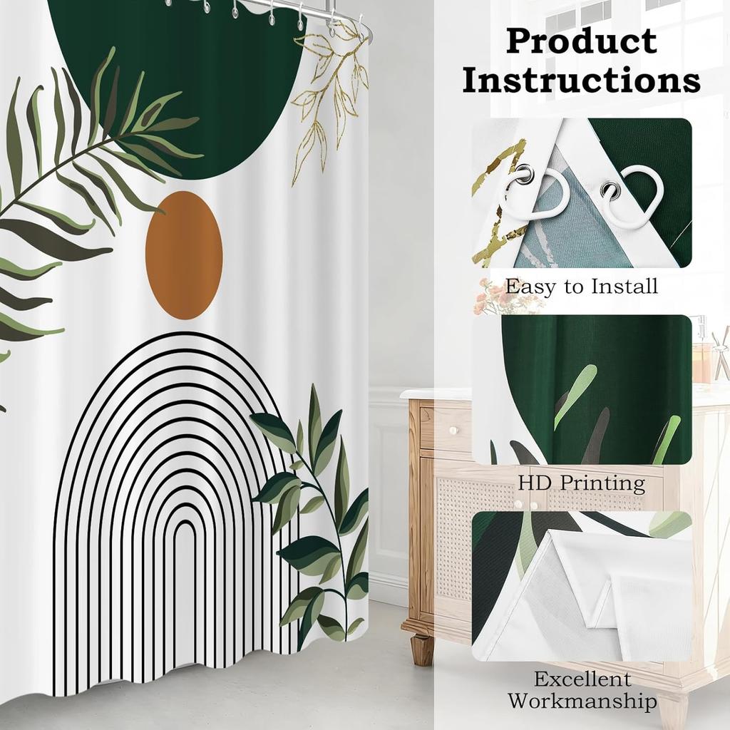 Boho Mid Century Shower Curtain,Sage Green Leaves Abstract Geometric Shower Curta for Bathroom Waterproof Fabric Bathroom Shower Curtain Set with