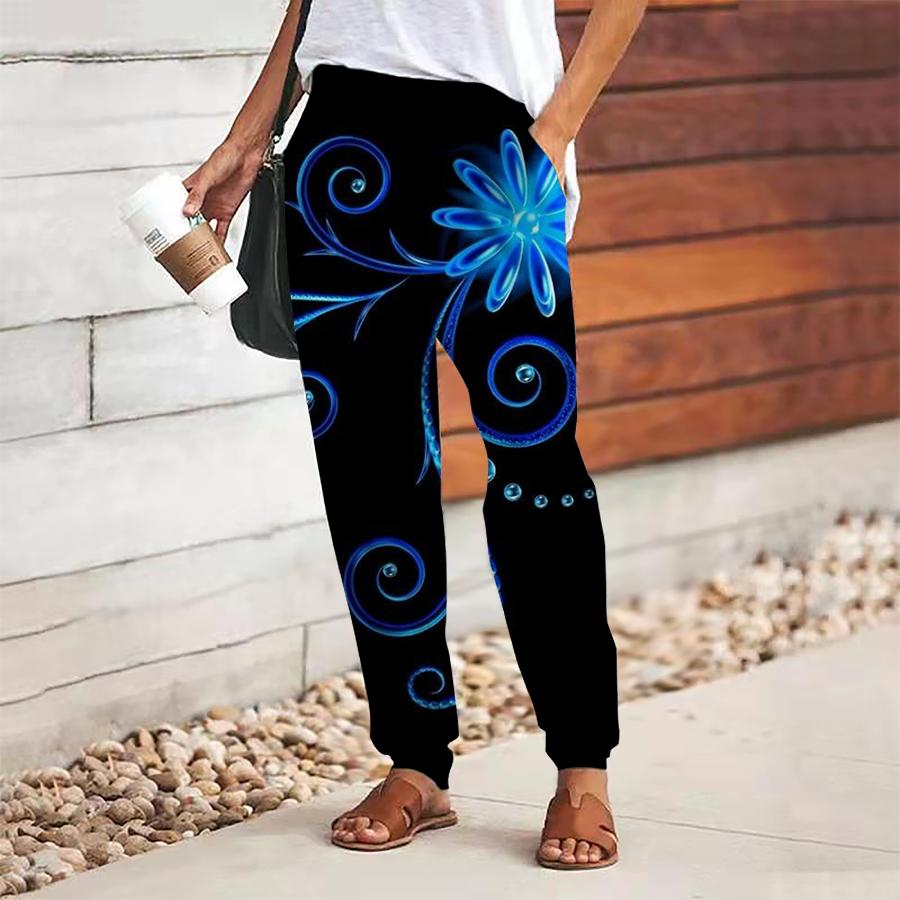 Women Retro Printing Pants Lace Up Elastic Waist Loose  Trousers Casual Long Pants Trousers with Pockets