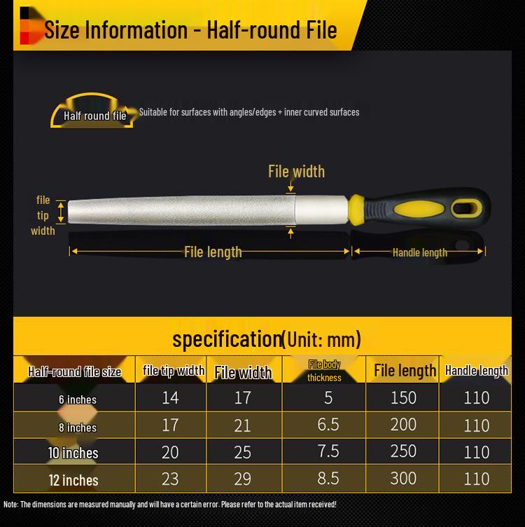 Hongyu Large Diamond Alloy Steel File Set: Flat, Triangular, Semi-Circular
