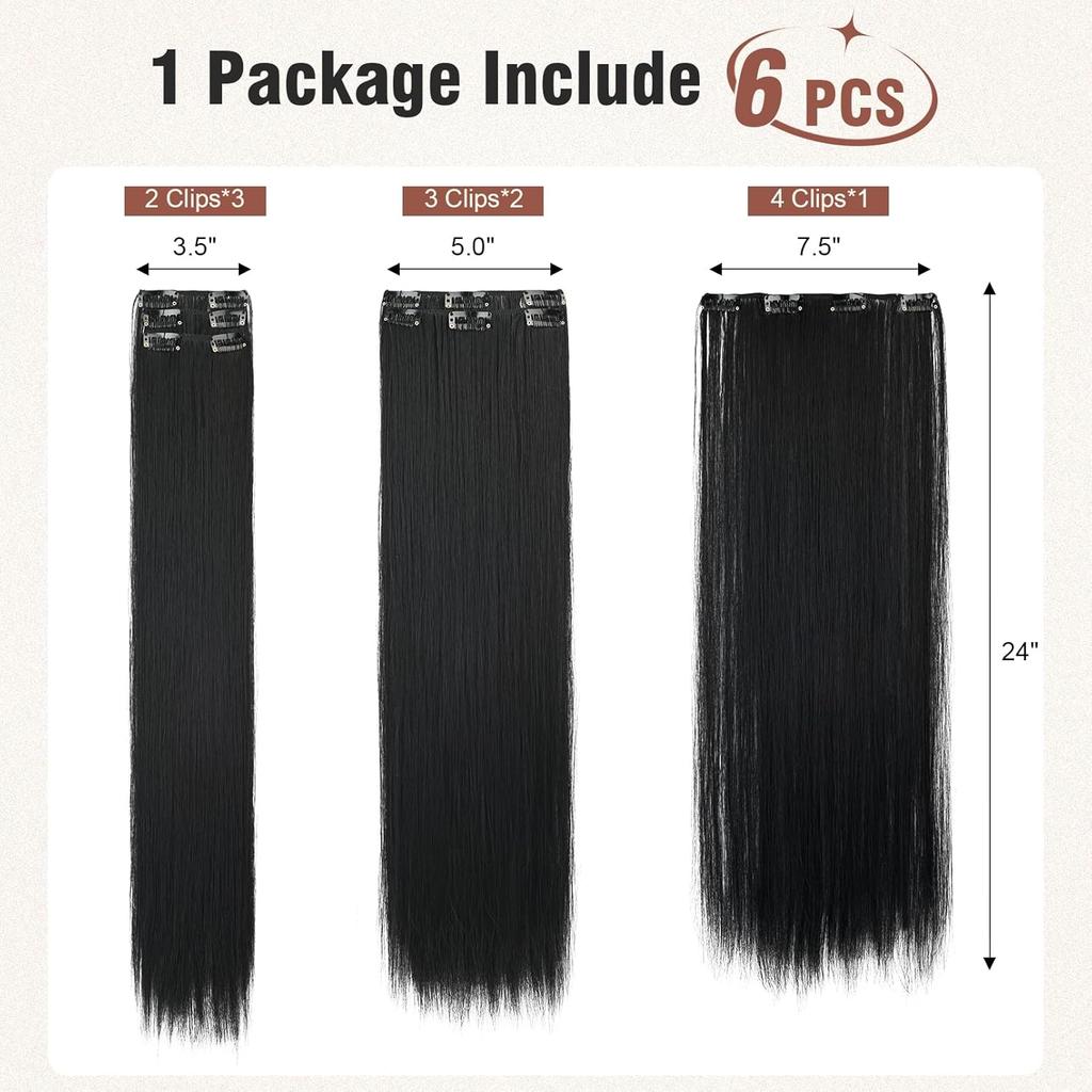6PC Clip in Hair Extensions 24" Straight Long Extensions for Women Synthetic Hairpiece Highlight
