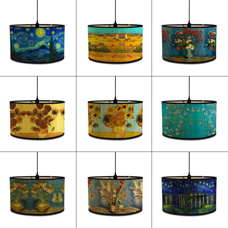 Astral solsikke lampeskjerm Bambus kunst lysskjerm Bar kafé lysekrone dekor Van Gogh malt dekorativ lampeskjerm