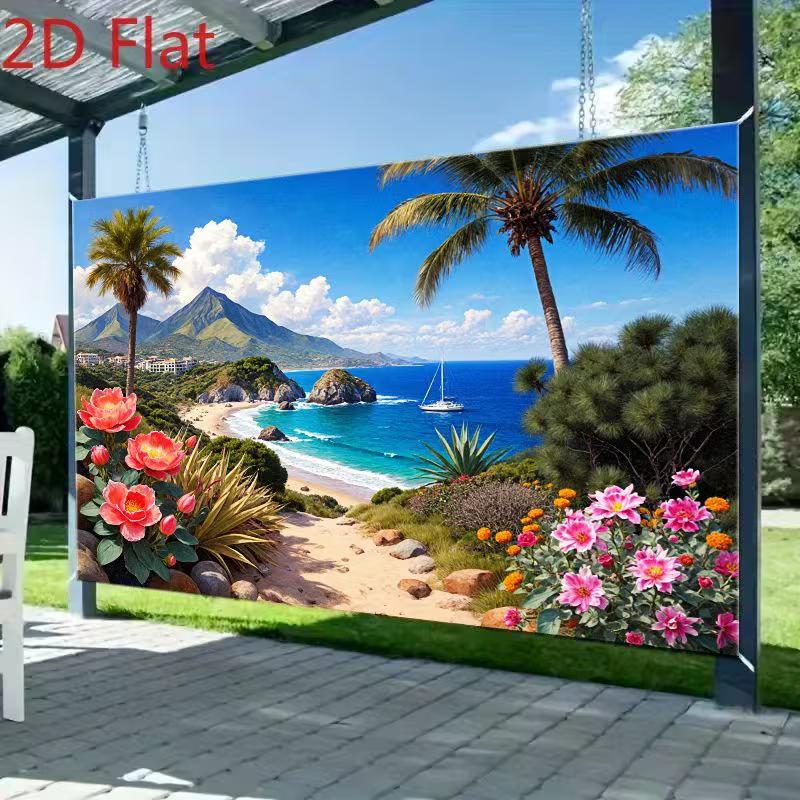 2D Beach Backdrop Coastal Mountain Scenery Summer Vacation Party Background