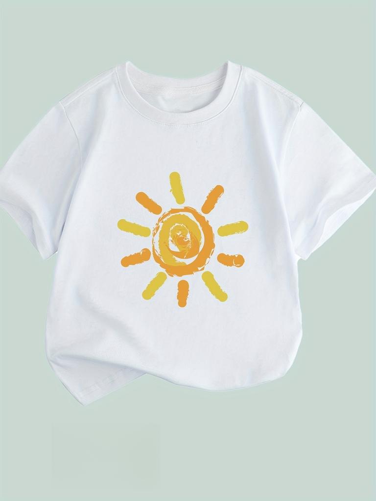 Oil painting style sun print short-sleeved T-shirt casual and simple style suitable for children's daily wear and going out