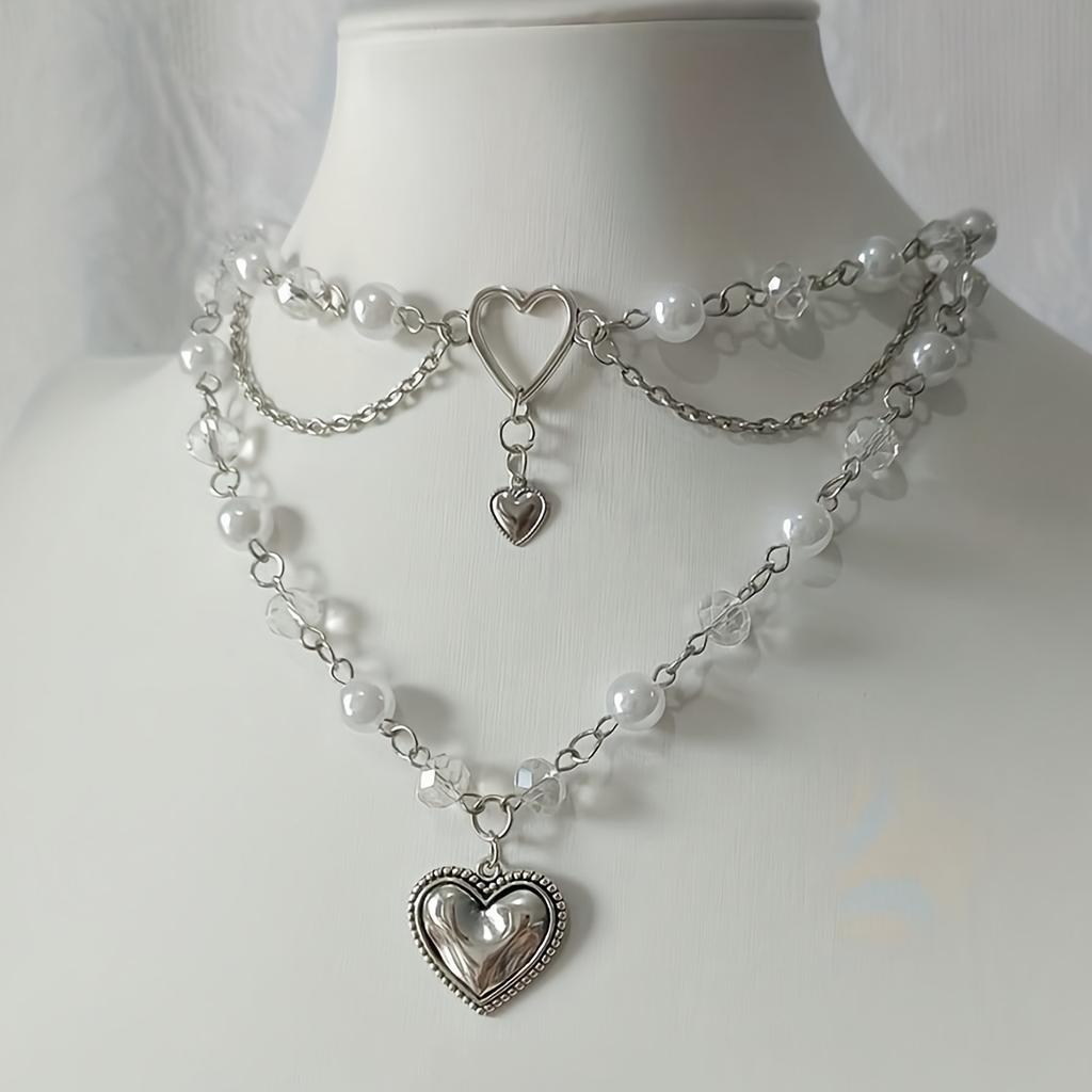 1pc Adorable Multi-layer Choker with Silvery Heart Accent - Perfect Birthday Gift, Trendy Necklace for Daily Wear and Special Occasions