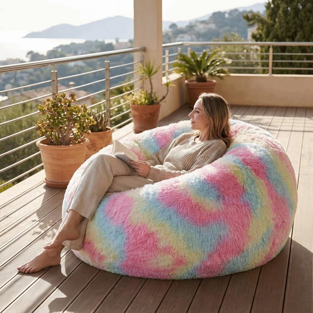 Comfy Soft Fluffy Plush Lazy Sofa Cover Large Size Round Bean Bag Chair Cover Cozy Colorful Beanbag Sofa Cover Dorm Room