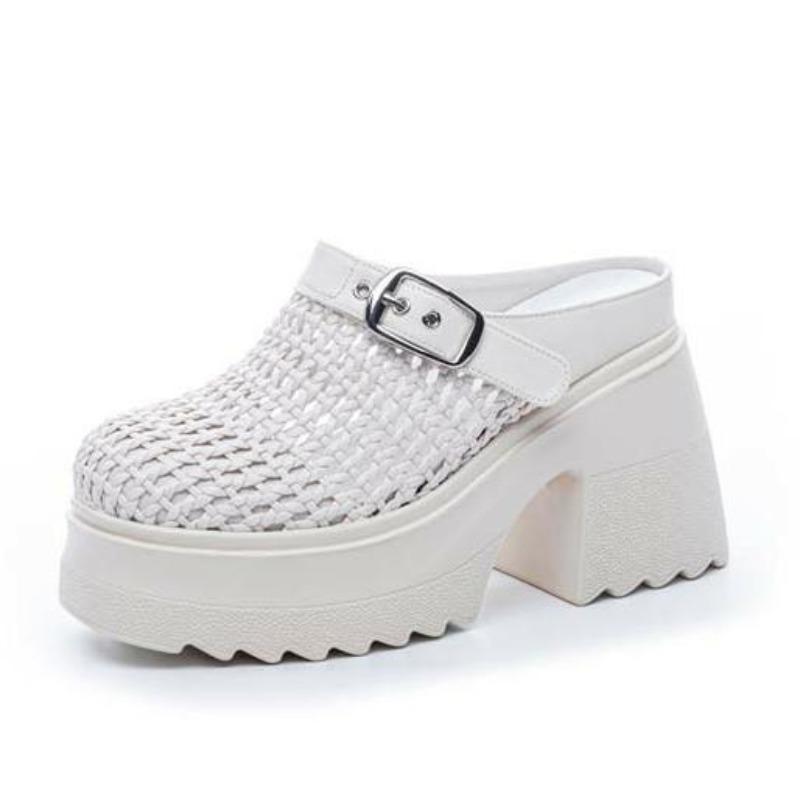 Fashion 10CM Air Mesh Weave Genuine Leather Breathable Sandals Chunky Heels Hollow Platform Wedge High Brand Shoes Summer Women Slipper