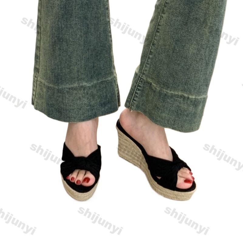 Women Wedge Shoes New Summer Outerwear Slip on Straw One Word Slippers Comfortable Non Slip Breathable Platform Sandals