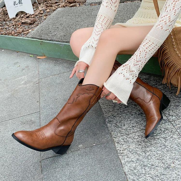 Fashion 2024 Autumn/winter Women Boot Round Toe Chunky Heels Mid-calf Boots Shoes for Women Split Leather Western Boots Knight Boots