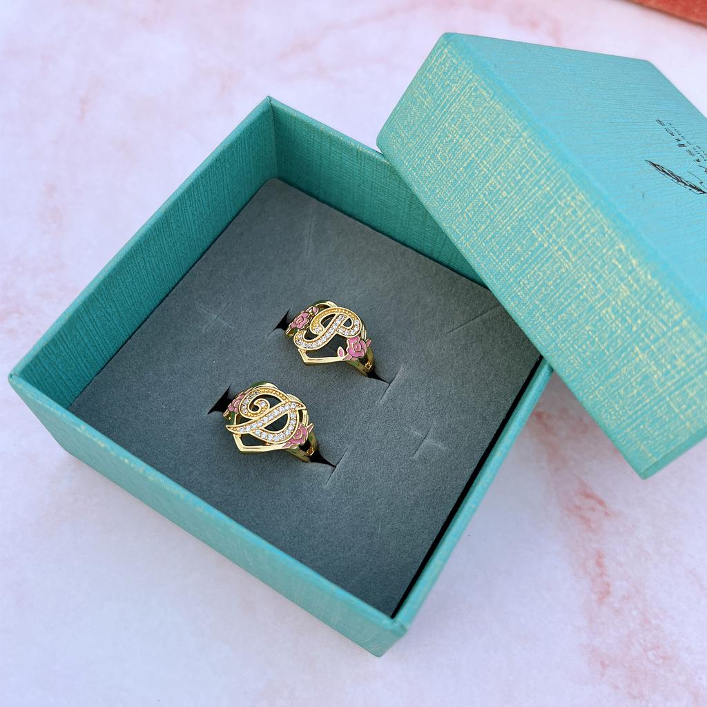 DUOYING Custom Initials Heart Adjustable Ring For Women Personalized Enamel Flower A-Z Letter Rings Hiphop Fashion Jewelry