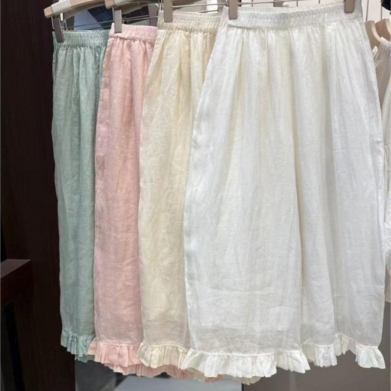 Johnature Lace Pants Loose Wide-Leg Pants For Women Summer Casual Simple Elastic Waist Nine-Part Pants