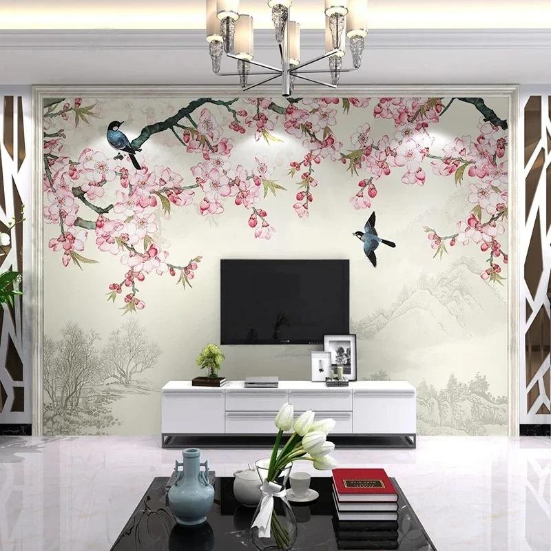 Custom Mural Wallpaper Chinese Pink Flowers Birds Wall Painting Living Room TV Sofa Bedroom Backdrop Home Decor Background