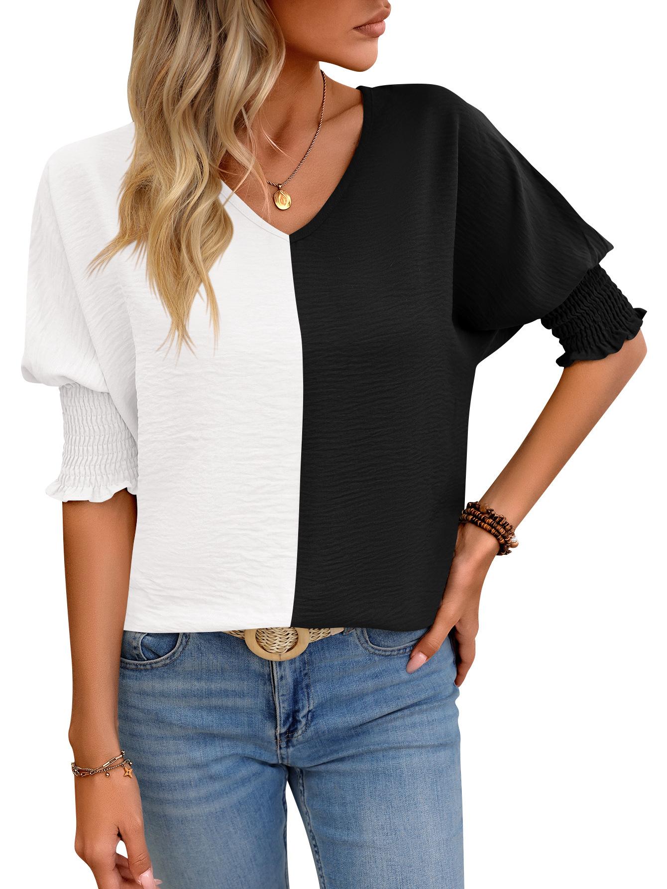 

Summer V-neck Loose-fitting Bat-sleeve Color-blocked Top XXL