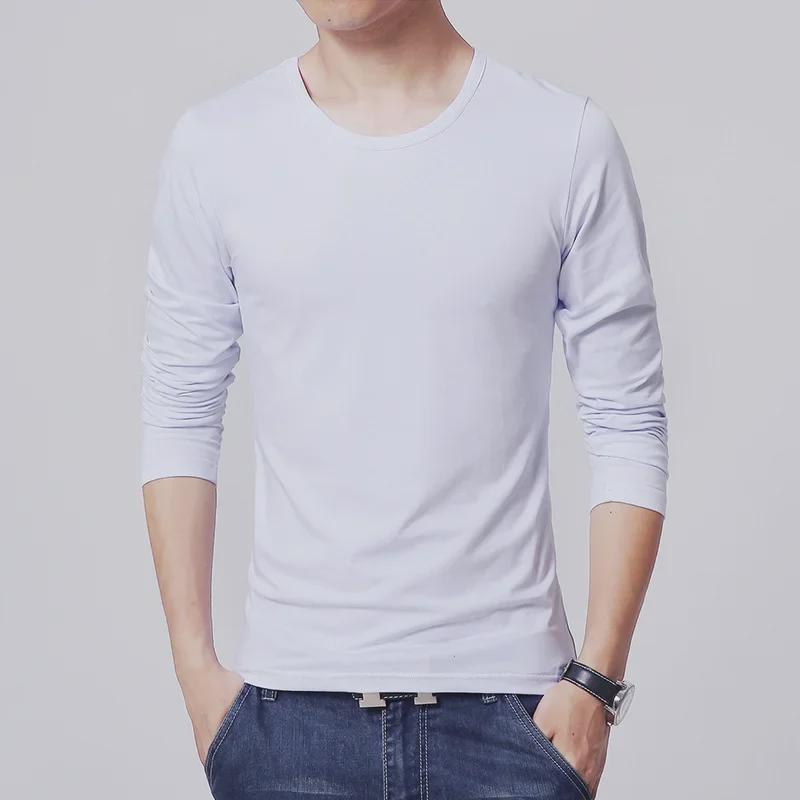 Men's Slim Fit Long-Sleeve Round Neck T-Shirt - Solid Color Autumn Top