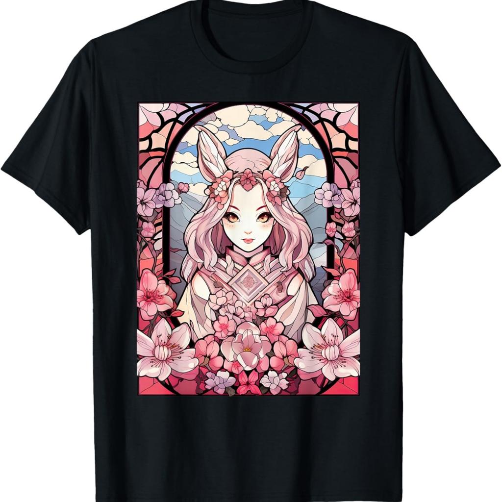 Kawaii Bunny Anime Cherry Blossom Floral Stained Glass T-Shirt