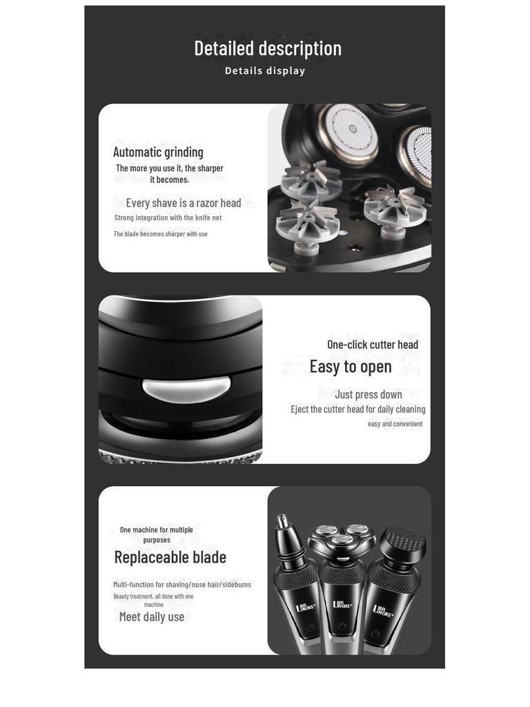 Linke 8806 Washable USB Three-Head Electric Shaver & Multi-Function Razor