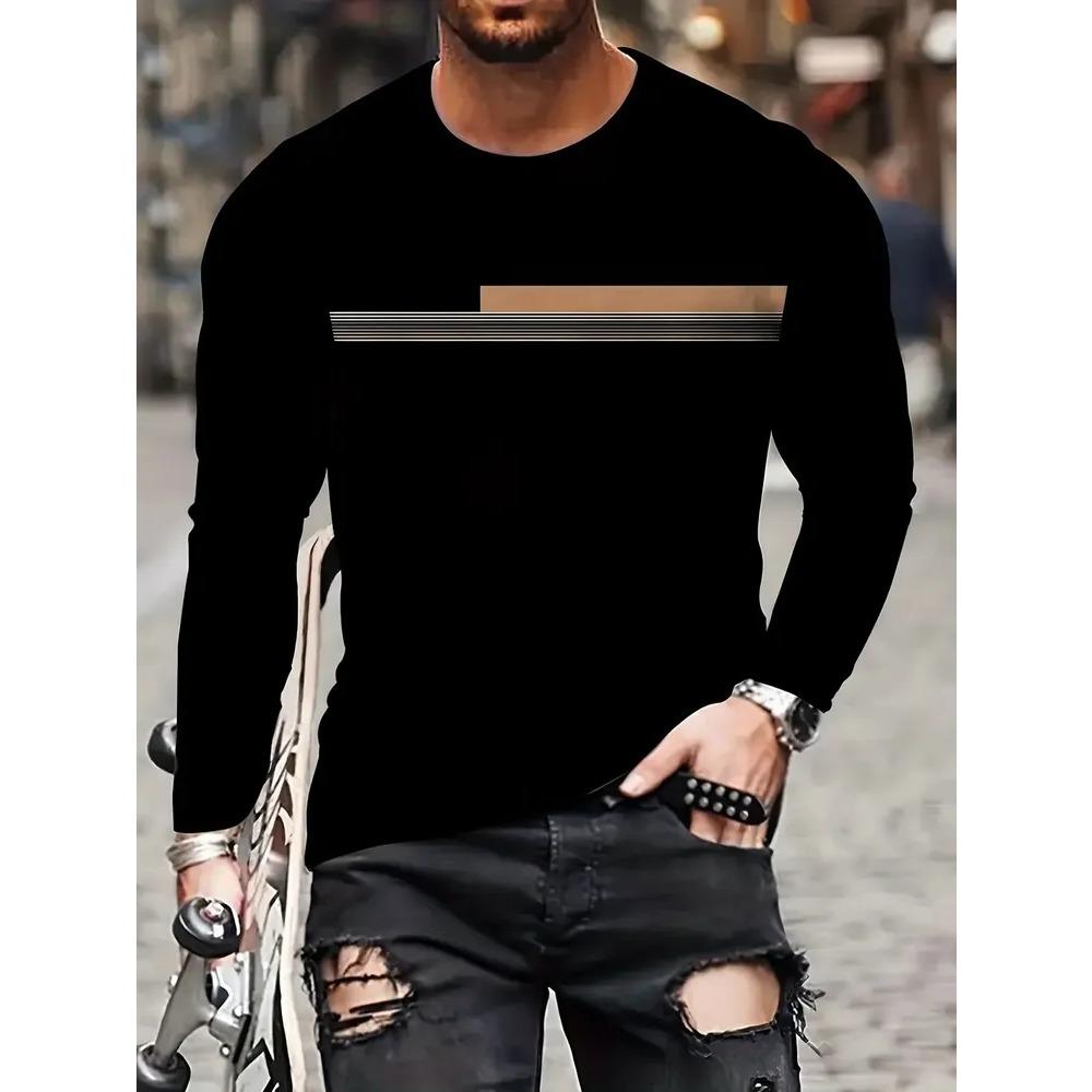 Herbst Rundhals Modisch Vielseitig Freizeit Streifen 3D Langarm T-Shirt Herren Mode Komfort Locker Sport Großes T-Shirt