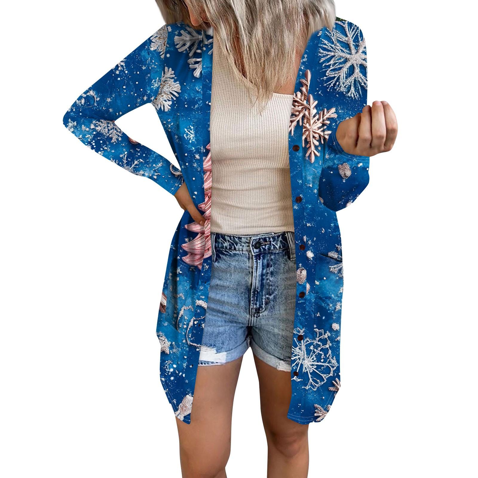 

Женский повседневный кардиган с длинным рукавом и рождественским принтом с карманами M