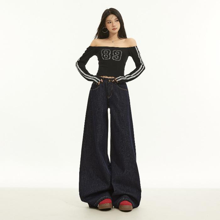 Women s Autumn Retro Wide-Leg High-Waisted Denim Pants S