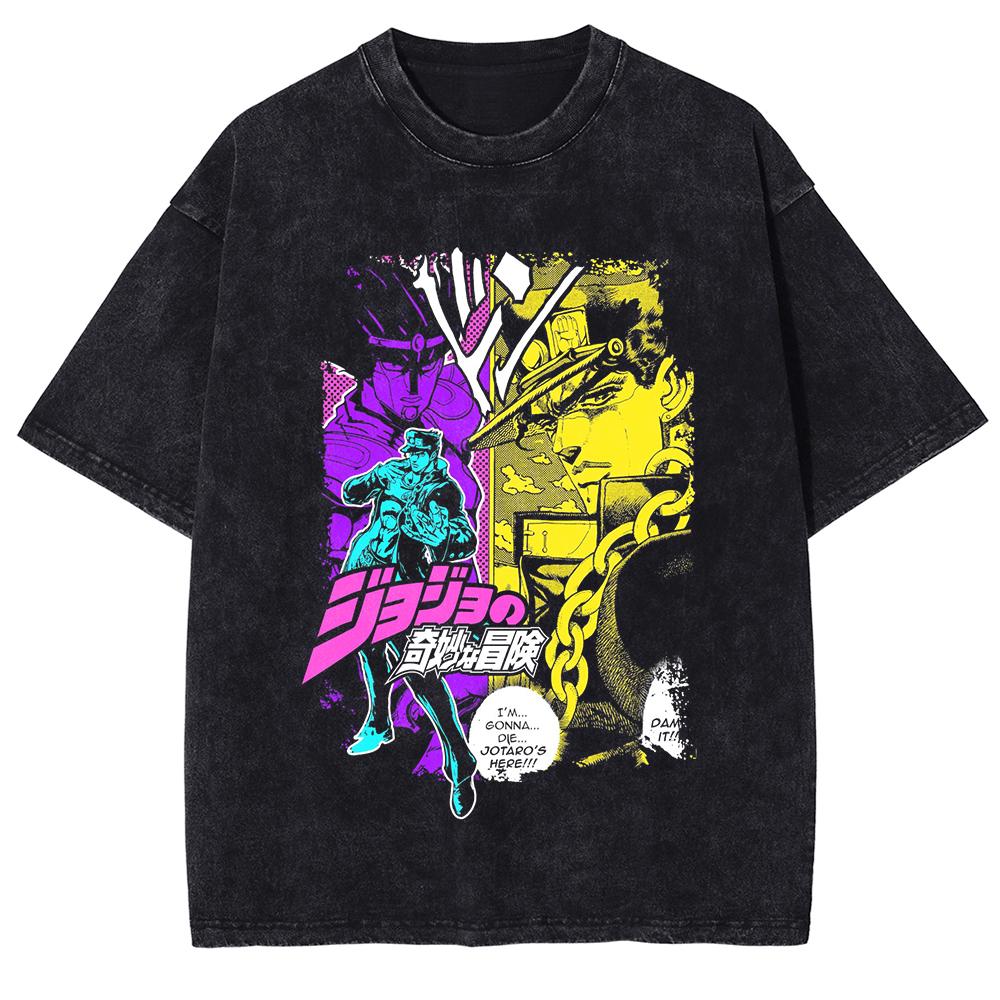 Anime JoJos Bizarre Adventure Tshirt Kujo Jotaro Vintage Washed T Shirt Men Women Clothing Summer Cotton Short Sleeve Tees