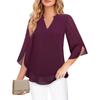 Women V Neck Chiffon Blouse With Split Three Quarter Sleeves Casual Layered Top