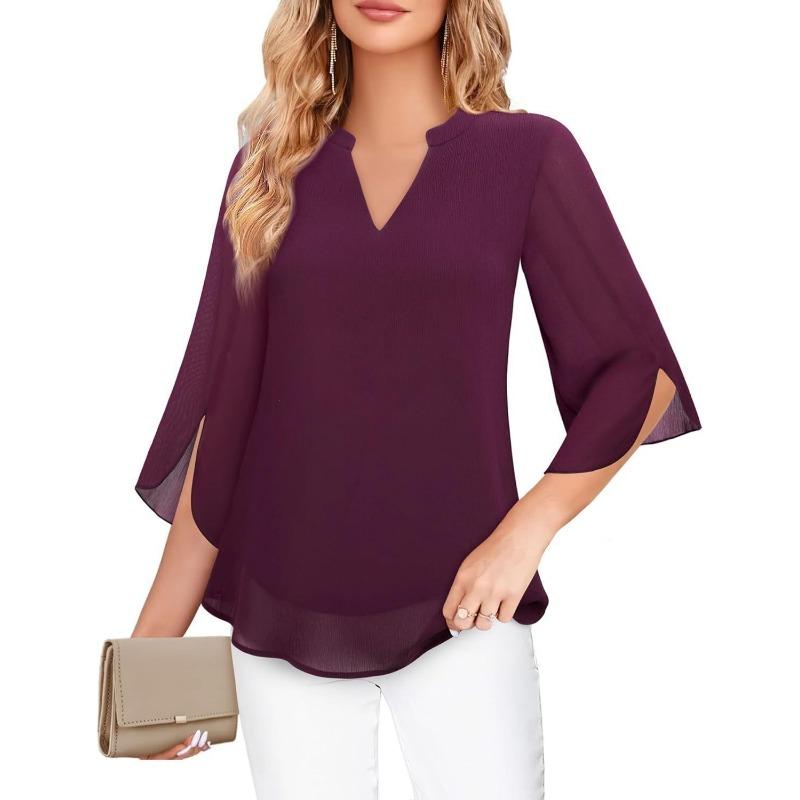 Women V Neck Chiffon Blouse With Split Three Quarter Sleeves Casual Layered Top