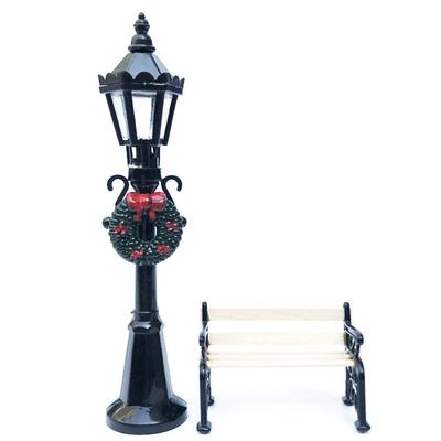 2Pcs Miniature Christmas Street Lamp Post Park Bench Seat Mini Street Light Model Dollhouse Xmas