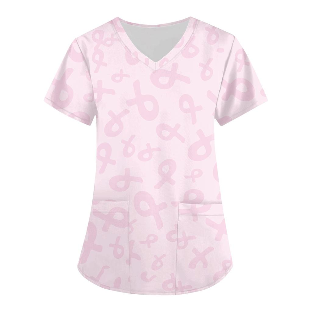 Dámské módní velikonoční pracovní tričko s krátkým rukávem a výstřihem do V s potiskem do malé kapsy