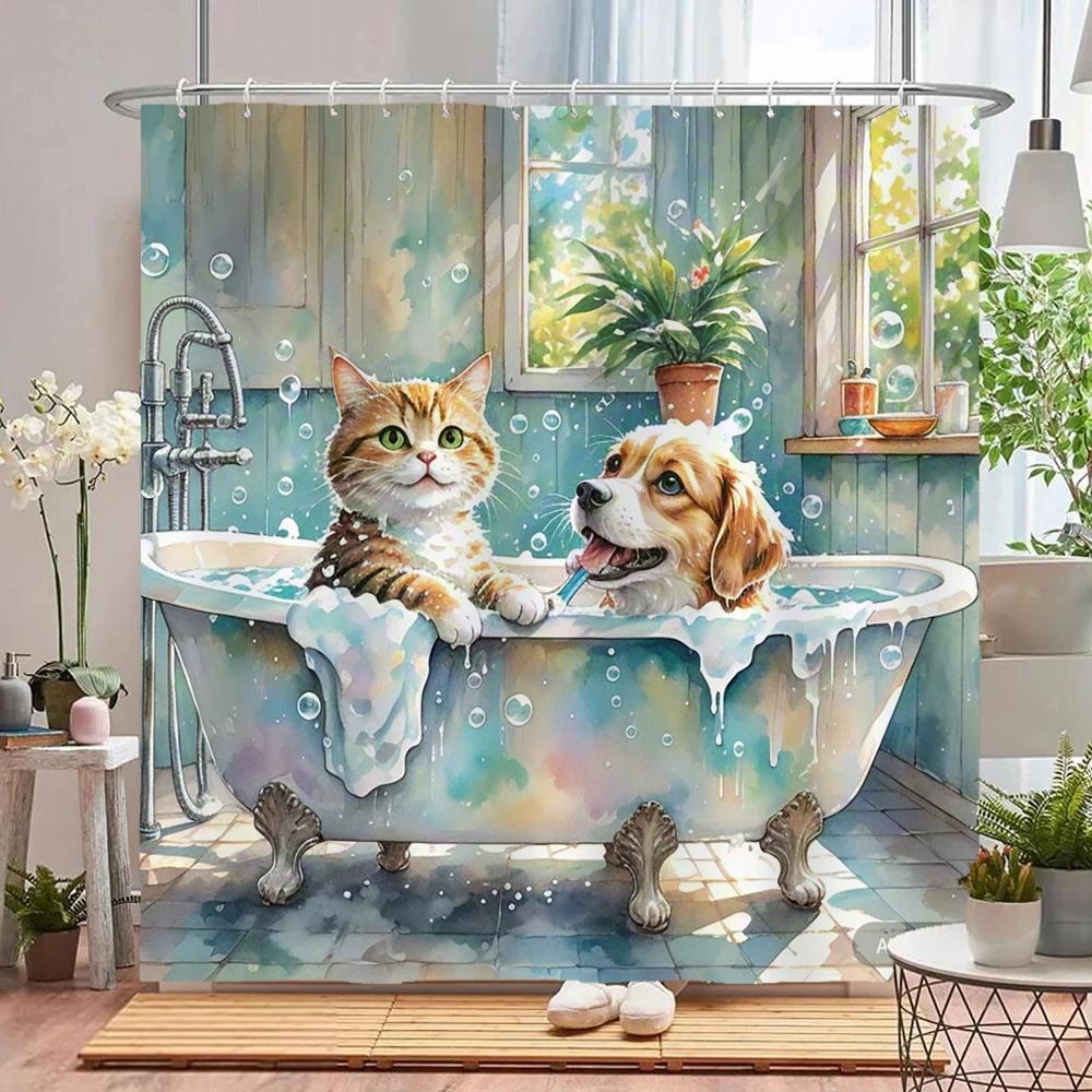 Funny Bathing Cat and Dog Shower Curtain Waterproof Bathroom Curtain Creative and Interesting Partition Bath Curtain with Hooks