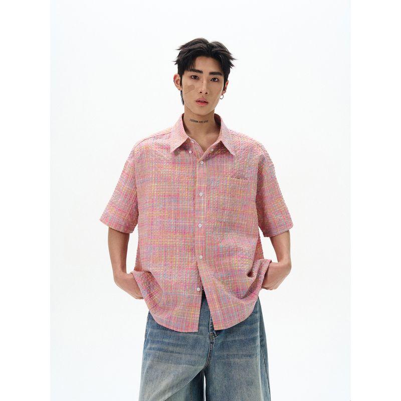 Kisko American Retro Style Yarn-Dyed Plaid Seersucker Short-Sleeve Shirt for Men and Women, Loose and Casual Design, Ins Style