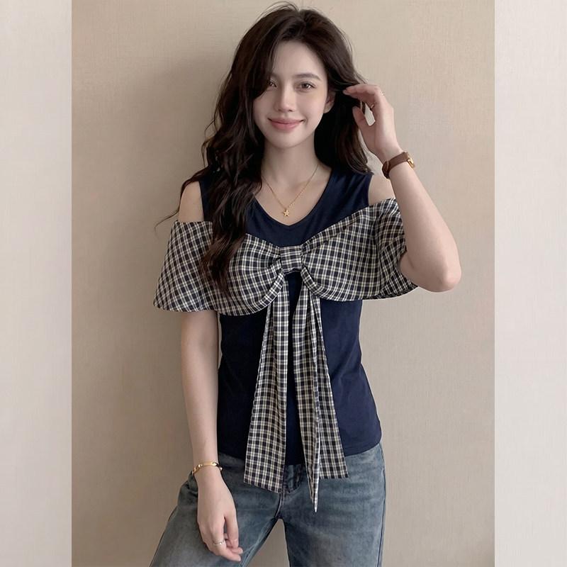 Spice Girl Style Bow Off-Shoulder Plaid Short Sleeve T-Shirt Women's Summer Slim-fit Skinny Design Navy Blue