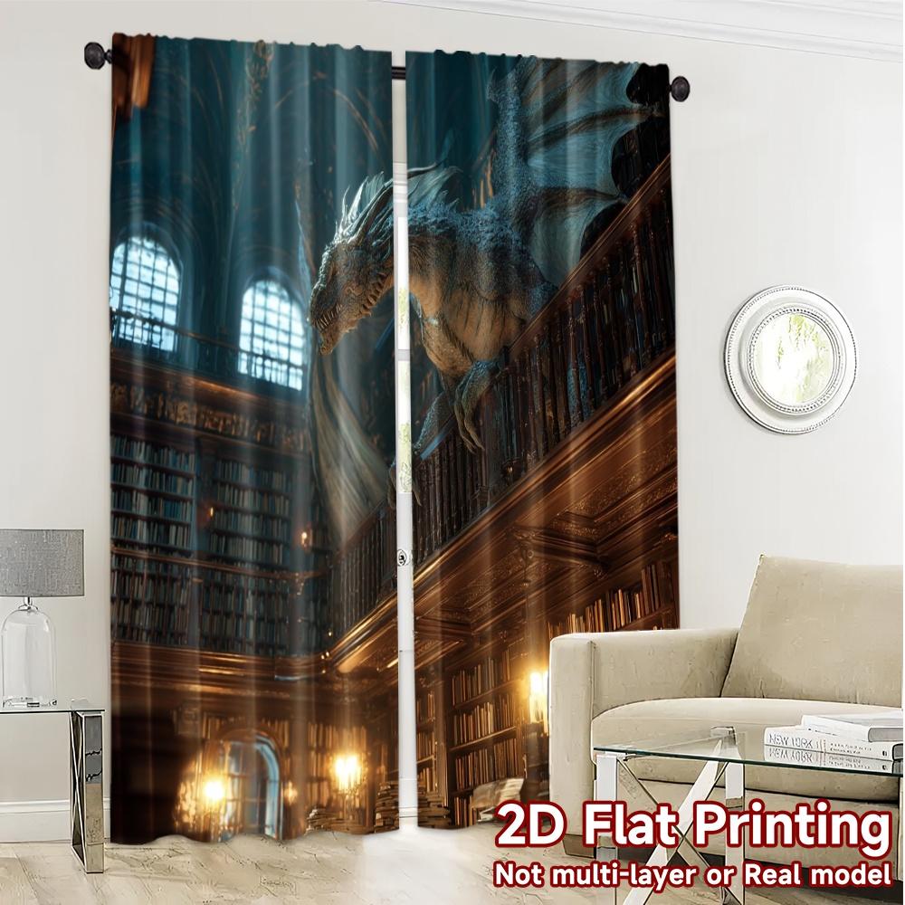 Set aus 2 flachen Druckvorhängen ohne Stange Drachen-Bibliotheksmuster Beliebtes Gewebe Alle Jahreszeiten Idealer Vorhang Polyester