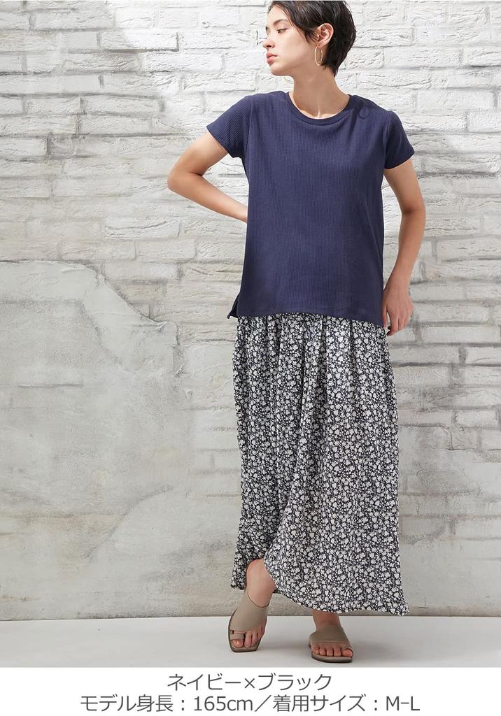 Maternity Nursing Clothes One Piece Coordination Easy Ribbed Floral Skirt Docking Long Short Sleeve One Piece Navy x Black 29992601 [ANGELIEBE]