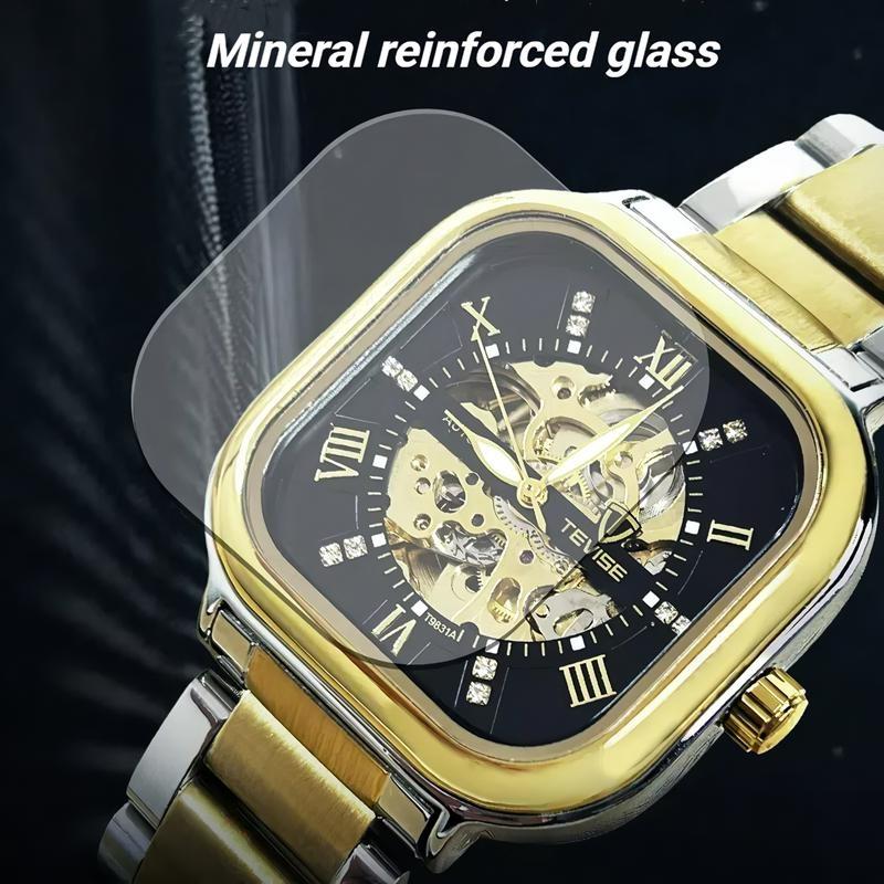 TEVISE Automatic Mechanical Watches for Men Stainless Steel Waterproof Skeleton Watch Square Dial Luminous Fashion Business Wristwatch